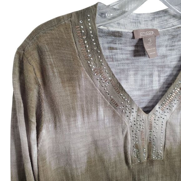 Chicos 3 Size XL Top Cotton Knit Lightweight Tie Dye Long Sleeve Studded Accents - Picture 6 of 10